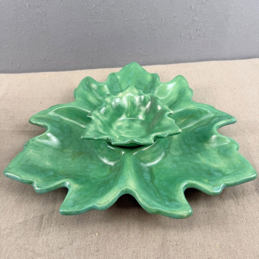 Vintage Green Leaf Chip and Dip‎ Set Signed GJS Studio Pottery Mid Century Style
